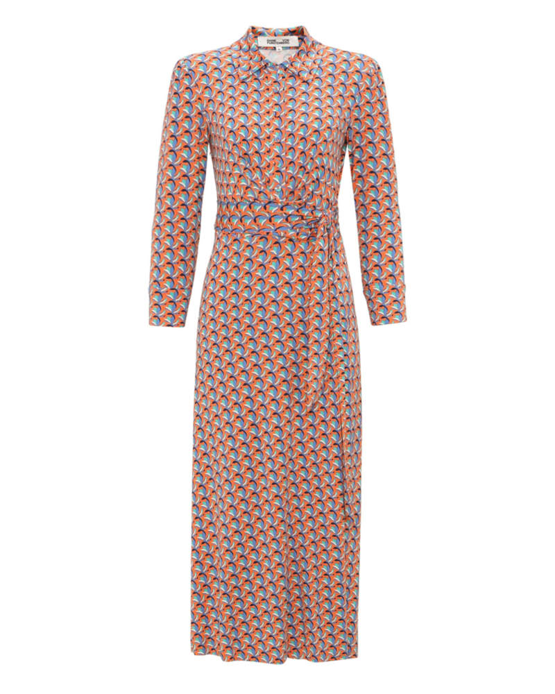 Front of a size XL DVF Sana Two Dress in Orange by Diane von Furstenberg. | dia_product_style_image_id:276475
